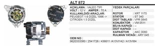 Alternatör 12v 70ah Peugeot 3 Kulak Cıtroen 1,6-1,5 Saxo Sakso | Remark Alt872