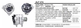 Alternatör 12v 70ah Vw Bora Golf Iv Seat Skoda Alt274 | Ithal T274