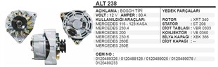 Alternatör 12v 80ah 2pk Mercedes Binek 115 123 Kasa 230.4 200 230.6 260e 250e Alt238 | Remark Alt238