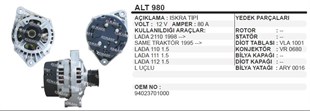 Alternatör 12v 80ah Lada Vega Same Traktör Alt980 Lada Samara | Martek Alt980