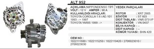 Alternatör 12v 90ah Toyota Corolla Yaris 93 97 (dar Ayak) | Martek Alt952