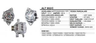 Alternatör 12V 90AH Toyota Yaris 1.0 16V Benzinli 1999-2005 YARİS-1.3 16V Dfm-ıg-l Uçlu ALT952C ALT952/C | REMARK ALT952C