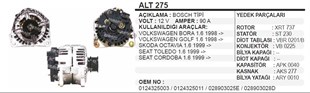 Alternatör 12v 90ah Vw Audi Seat Skoda Bosch Tip Alt275 0124325096 | Ithal T275