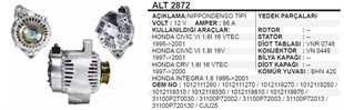Alternatör 12v 95ah Honda Cıvıc Vı 1,6ı 16 Vtec 1012111260 Alt2872 | Ithal T2872