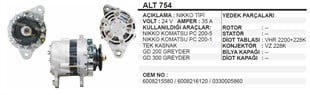 Alternatör 24v 35ah Nikko Komatsu Pc200-5 200-1 Gd200 300 Grayder Greyder Alt754 | Aes Alt754