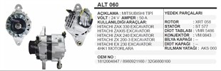 Alternatör 24v 50ah (8pk Lı Kasnak) Hıtachı Excavatör Zaxıs 330 240 200 230 Isuzu 4hk1 Alt060 | Remark Alt060
