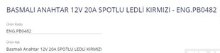 Anahtar 12v 20ah Spotlu Dikdörtgen Engpb0482 | Eng Pb0482