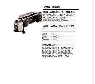 Diyot Tablası 100mm Hyundaı Starex H1 H100 Pregıo 8mm Cıvatalı L200 L300 H100 | Vertex Imr10200