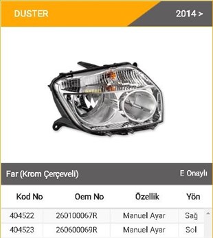 Far Dacia Duster 2014- Manuel Sağ Ayf404522 | Ayfar 404522