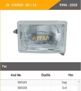 Far Iveco J9 Karsan Cargo Sağ Iveco Ym -505529 | Ayfar 505529