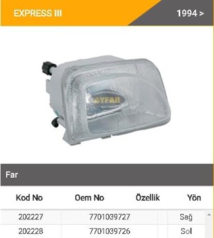 Far Renault Express 3 Sağ Ayf202227 | Ayfar 202227