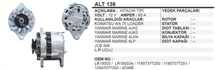 Alternatör 12v 60ah Komatsu Yanmar Mariner Jcb Loder Komatsu Loader Alt136 | Ithal T136