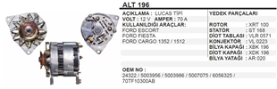 Alternatör 12v 65ah Ford Cargo 1352 1512 Escort Ford Escort Fıesta Cargo 1352 1512 70a (alt4028) Escort-taunus 70a Lucas | Ithal T196