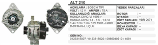 Alternatör 12v 75ah 4fişli Honda Cıvıc Alt210 | Ithal T210