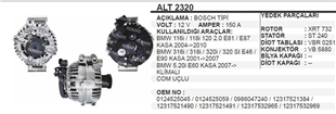 Alternatör 12v 150ah Bmw Benzinli Alt2320 | Ithal T2320