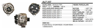 Alternatör 12v 150ah Mercedes E C S-serisi Alt257 | Ithal T257