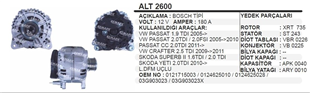 Alternatör 12v 180ah Vw Passat Crafter T5 07 Wutse-11221 | Ithal T2600