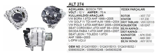 Alternatör 12v 70ah Vw Bora Golf Iv Seat Skoda Alt274 | Ithal T274