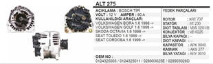 Alternatör 12v 90ah Vw Audi Seat Skoda Bosch Tip Alt275 0124325096 | Ithal T275