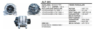 Alternatör 12v 120ah Vw Transporter Y.m. | Ithal T285