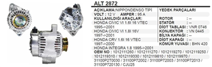Alternatör 12v 95ah Honda Cıvıc Vı 1,6ı 16 Vtec 1012111260 Alt2872 | Ithal T2872