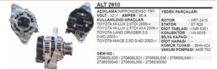Alternatör 12v 80ah Toyota Hılux Hıace Land Cruiser Alt2910 | Ithal T2910oem