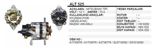Alternatör 12v 70ah Kia Pregio Nissan H100 Geniş Ayak Pregıo Prımera Sunny | Ithal T525