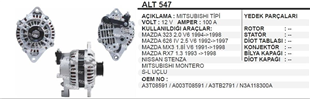 Alternatör 12v 110ah Nissan Primera 6643511 Alt547 | Ithal T547