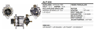 Alternatör 12v 70ah Hıtachı Bmc Levent 2.5 3.0 2fişli (büyük Vakum) Kare Soket | Ithal T630oem