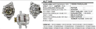 Alternatör 12v 70ah Corolla 1,6 96 Alt948 Wutse-13482n Ygt 20090c Bp Ema3627-wut Alt13482 | Ithal T948oem