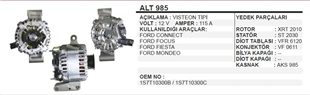 Alternatör 12v 124ah Ford Mondeo Transit Em Ford Mondeo Iıı Jaguar Xtype 1,8 2,0 Kasnaklı 3pın Fr Lı Rc A | Ithal T985