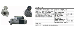 Marş Motoru 12v 10diş Forklift Mıts Tip Caterpillar Forklift Mıtsubıshı Forklıft Caterpiller Dp60 Fd30 D4q Nissan Motorulu Clar | Ith Str2726