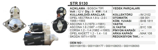 Marş Motoru 12v 9diş Opel Skoda Vectra A Ascona Corsa Opel Kadett | Ith Str5130