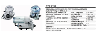 Marş Motoru 12v 9diş Hyundai Santafe Kia Cerato Tuscon Sportage Trajet | Ith Strd001