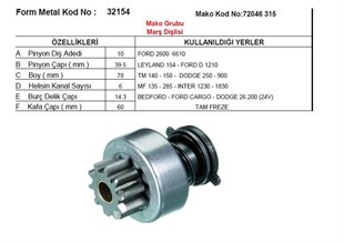 Marş Dişlisi 10diş Mf Dodge Ford Cargo(tf38mm) Tf Tam Freze Mf Masseyferguson | Mako 72315663