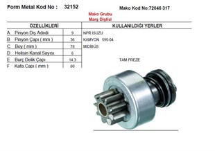 Marş Dişlisi 9diş Isuzu Tf Npr Isuzu Npr Ym Tam Freze 72315668 | Mako 72315668