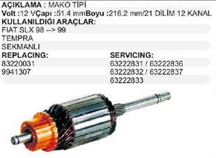 Marş Kollektörü 12v Dogan Slx Uno Tempra (sekmanlı) 83220031 Im98 Çapı-51.4 Boyu-216.2 Kanal-12 Dilim-21 | Mako 83220031