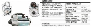Marş Motoru 12v 11diş Clio Kango 1.9 Dizel Megan Dizel Renault Megane Iı 03 Clıo Iı 02 Kangoo 03 1,9 Dızel | Dodo Str3082