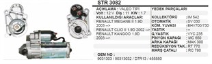 Marş Motoru 12v 11diş Clio Kango 1.9 Dizel Megan Dizel Renault Megane Iı 03 Clıo Iı 02 Kangoo 03 1,9 Dızel | Dodo Str3082