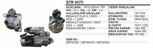 Marş Motoru 12v 12diş Mıts. Tip Dacia Logan 1.5 Dcı Nissan Kubıstar Micra Renault Clio Iı Kango Megan 1.5 Dcı Str6075 M0t91581 | Martek Str32593n