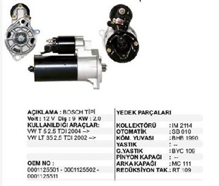 Marş Motoru 12v 9diş 2.0 Bosch Tip Vw Lt 28-35 2.5 Tdi Lt 40-55 2.5 Tdi 1999-->2006 | Martek Str6600