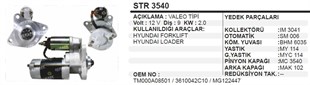 Marş Motoru 12v 9diş Hyundai Forklift Loader | Remark Str3540