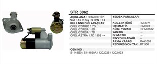 Marş Motoru 12v 9diş Opel Combo 1.7 Dizel Str3062 Corsa 1.5 Astra 1.7 | Martek Str3062