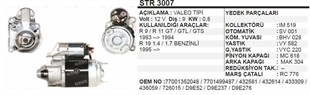Marş Motoru 12v 9diş R9 R11 Valeo Tip R9 R11 R19 1.4 1.7 Benzinli 95- 432566 63291405 Str3007 | Wutse Str3007