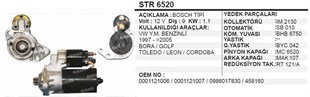 Marş Motoru 12v 9diş Skoda Ters Vw Caddy 9&11diş Oluyor Yerine | Aes Str6520