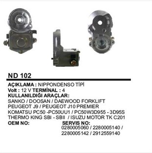 Marş Otomatiği 12v Gövdeli 3 Terminal Denso Tip Sanko Doosan Daewoo Komatsu | Wınwın Nd102