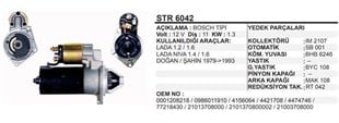 Marş Motoru 12v 11diş Doğan Şahin 1.4 Şanzumalı Lada Niva (bosch-tipi) 63291401 Str6042 Str1401 Str4689 63291401 | Martek Str6042