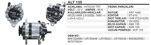 Alternatör 12V 50AH Isuzu Nkr J9 Premier Bmc Levent ALT135 | MARTEK ALT135