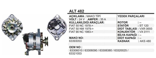 Alternatör 24V 40AH Fiat 50NC İveco 65.9 50NC/M24 Ym (Tekli Kasnak 9.5 Kayış) 63393053 | MARTEK ALT482