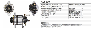 Alternatör 12V 70AH Bmc Levent Nissan 2.5 Tata 2FİŞLİ (Küçük Vakum) Kare Soket | MARTEK ALT620